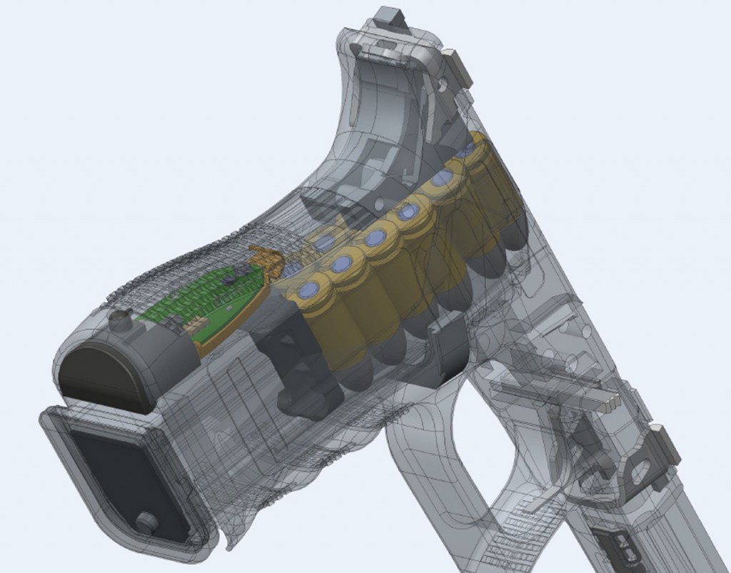 Yardarm's technology is placed in the back strap of the gun behind the magazine, and records sensory data like if a gun is fired and in what direction. (Courtesy of Yardarm Technologies)